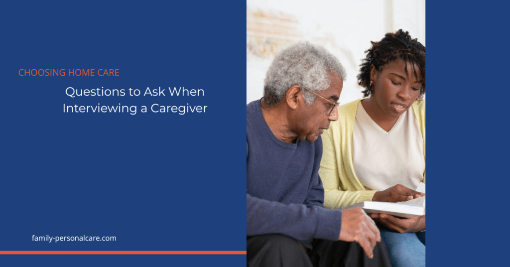 Senior man in a blue sweater and a caregiver in a cardigan reading together on a couch — illustrating a non-medical conversation between an older adult and an in-home caregiver.