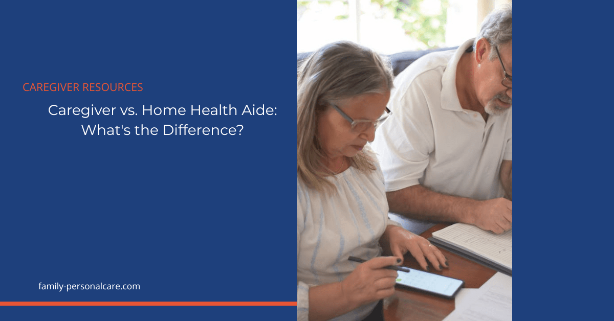 Caregiver vs Home Health Aide — featured image Older couple at home reviewing paperwork — illustrating the decision between hiring a caregiver and a home health aide.